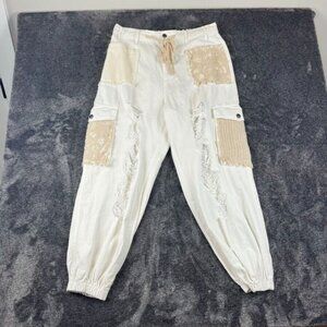 POL Crochet Pocket Baggy White Joggers Pants Drawstring Women's L Boho Cargo